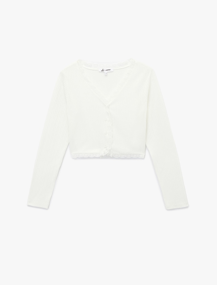  Dantel Detaylı Slim Fit Uzun Kollu V Yaka Crop Tişört