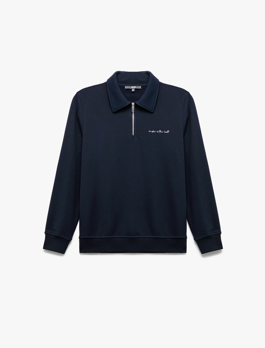   Nakışlı Uzun Kollu Yarım Fermuarlı Polo Yaka Sweatshirt