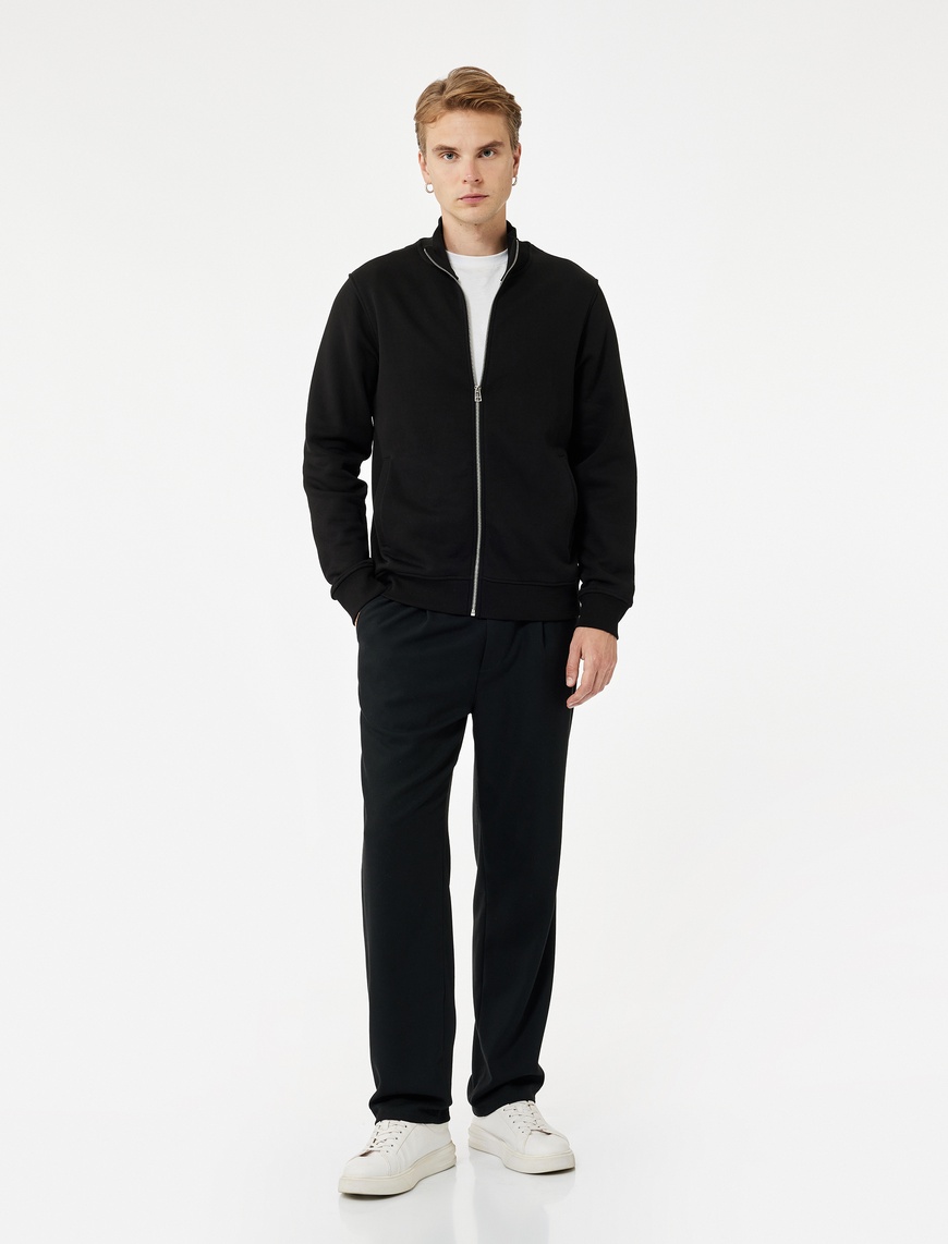  Şardonlu Uzun Kollu Cep Detaylı Basic Fermuarlı Sweatshirt