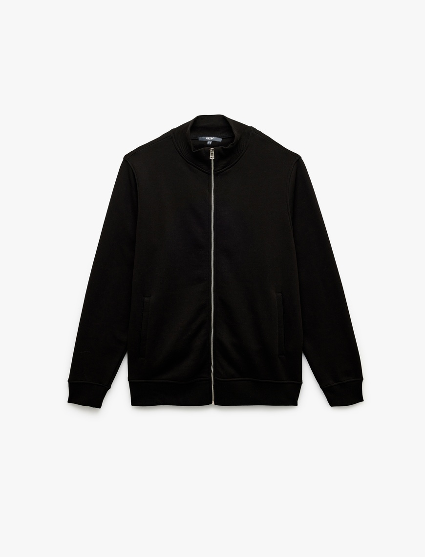   Şardonlu Uzun Kollu Cep Detaylı Basic Fermuarlı Sweatshirt