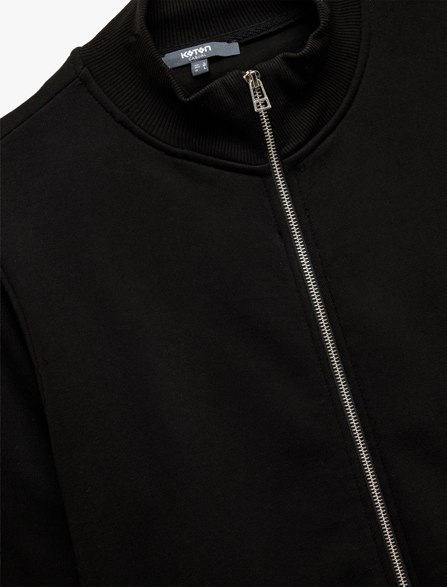   Şardonlu Uzun Kollu Cep Detaylı Basic Fermuarlı Sweatshirt