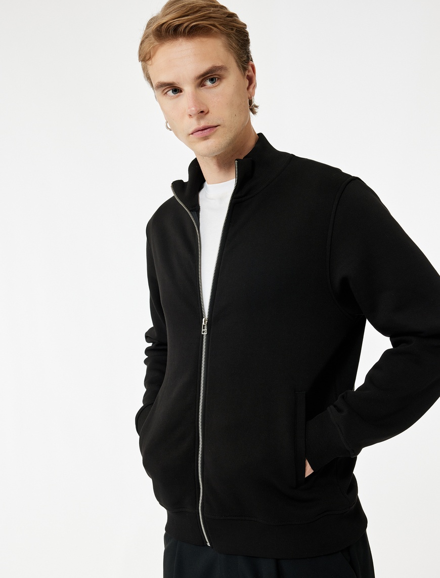   Şardonlu Uzun Kollu Cep Detaylı Basic Fermuarlı Sweatshirt