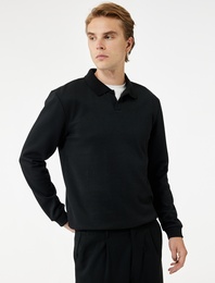 Pike Kumaş Polo Yaka Uzun Kollu Basic Sweatshirt