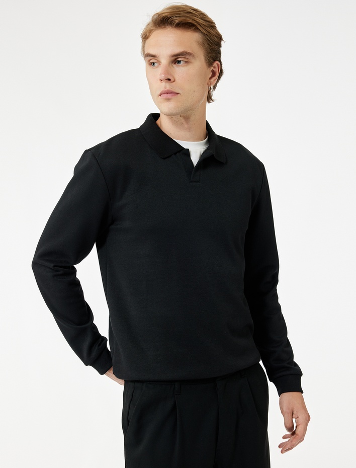  Pike Kumaş Polo Yaka Uzun Kollu Basic Sweatshirt