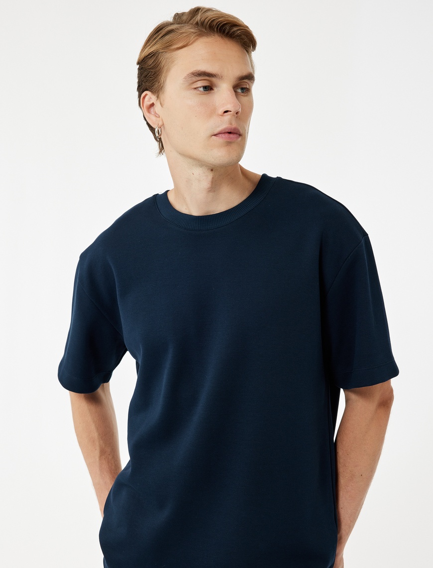   Pamuklu Kısa Kollu Pike Tok Kumaş Bisiklet Yaka Basic Oversize Tişört
