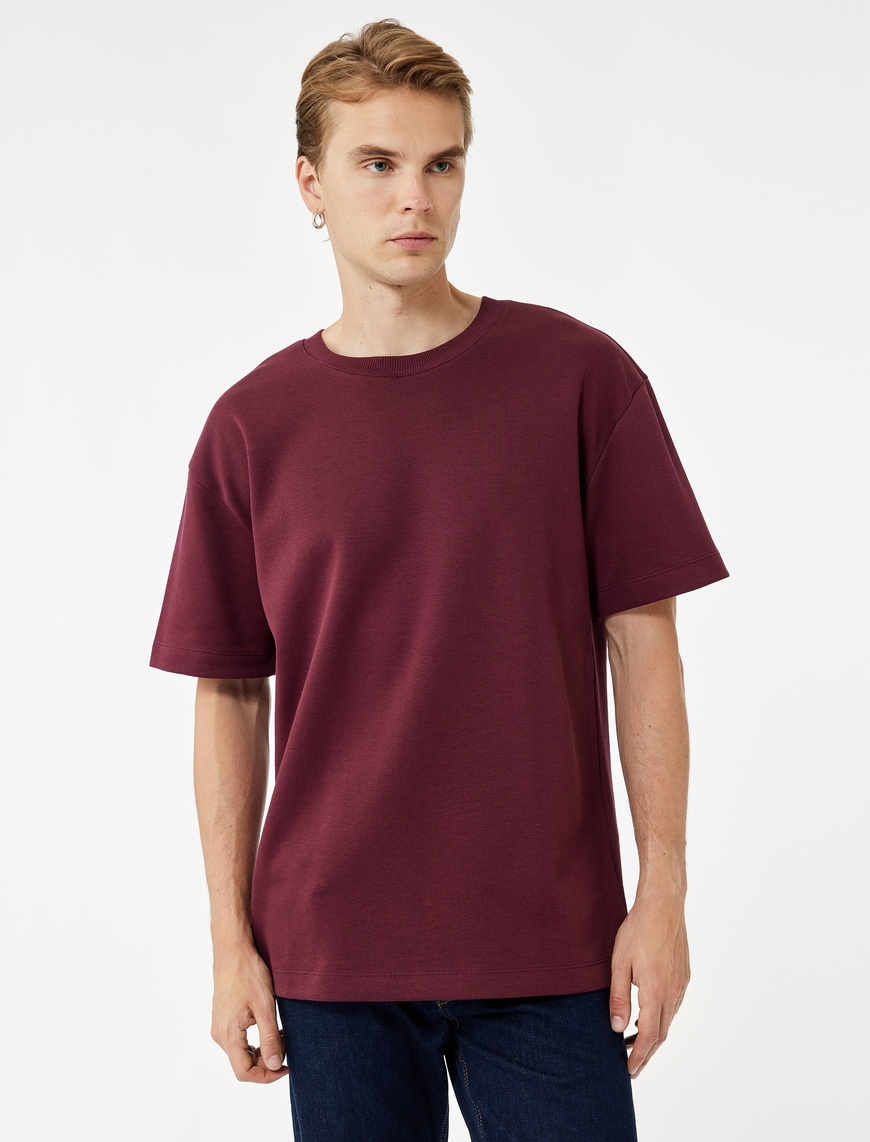   Pamuklu Kısa Kollu Pike Kumaş Bisiklet Yaka Basic Oversize Tişört