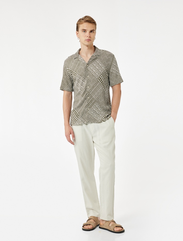  Regular Fit Kısa Kollu Devrik Yaka Etnik Desenli Gömlek