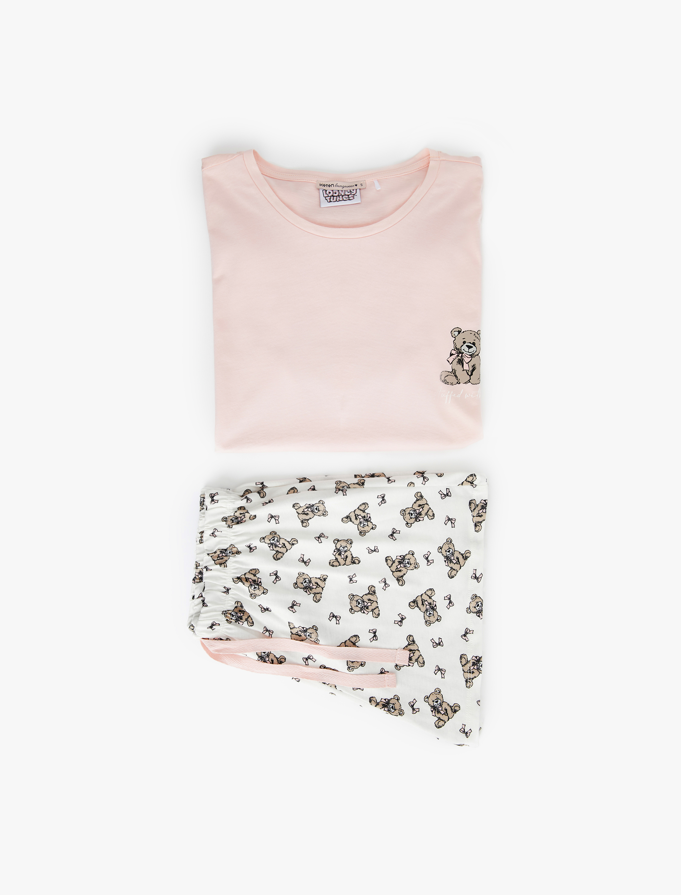   Pamuklu Kısa Kollu Bisiklet Yaka Ayıcık Baskılı Şortlu Pijama Takımı