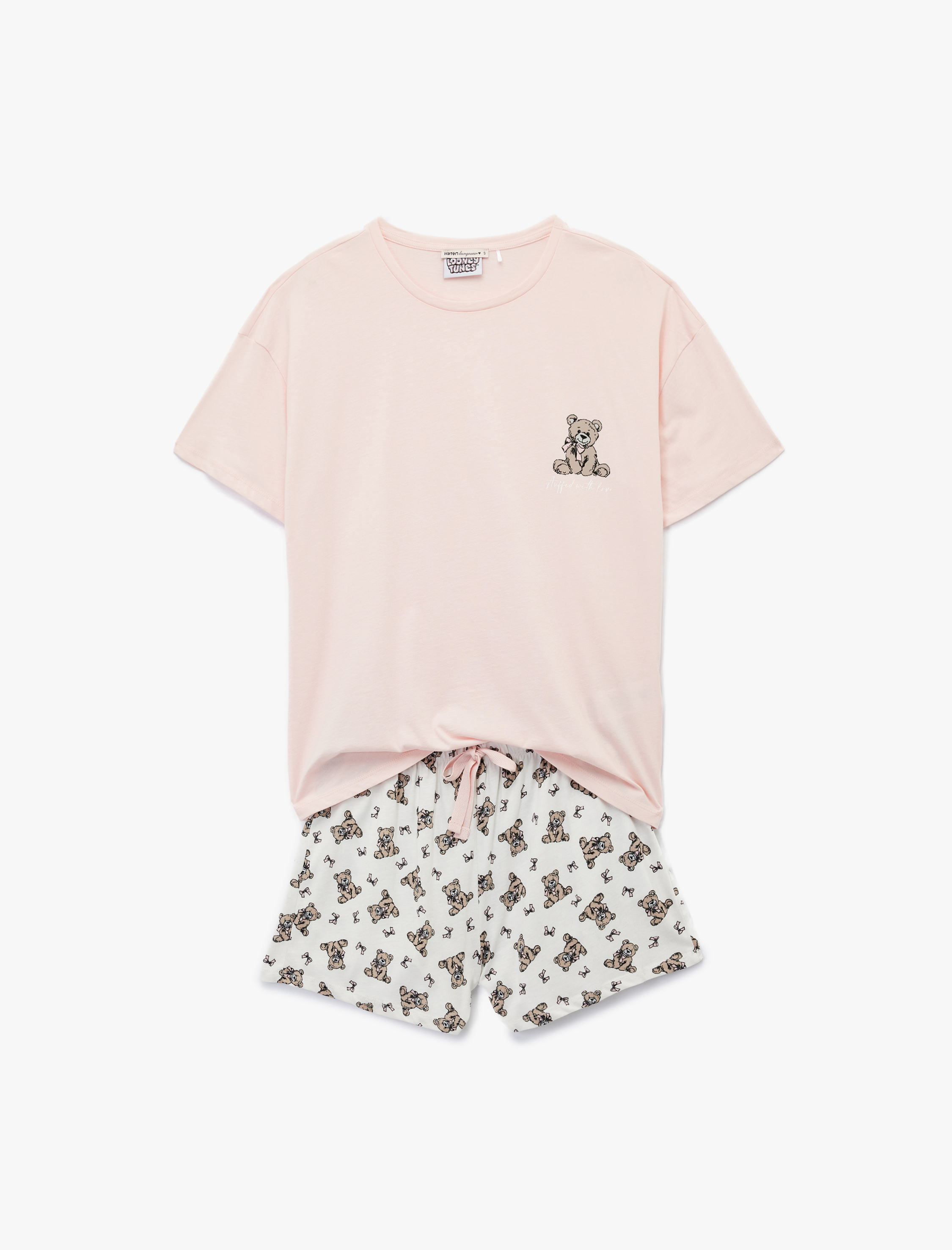   Pamuklu Kısa Kollu Bisiklet Yaka Ayıcık Baskılı Şortlu Pijama Takımı