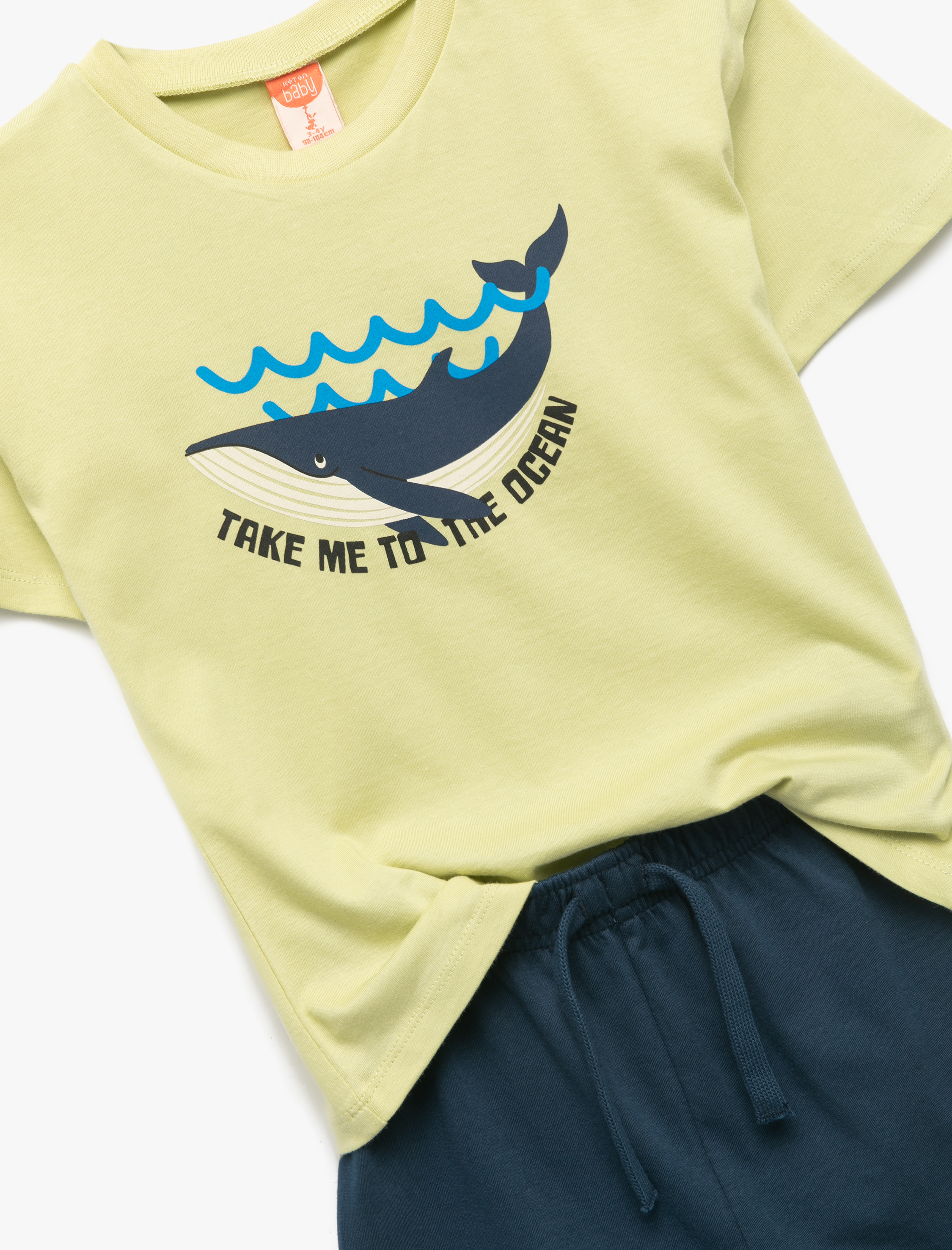  Erkek Bebek Balina Baskılı Bisiklet Yaka Kısa Kollu Pamuklu Tişört ve Şort Seti