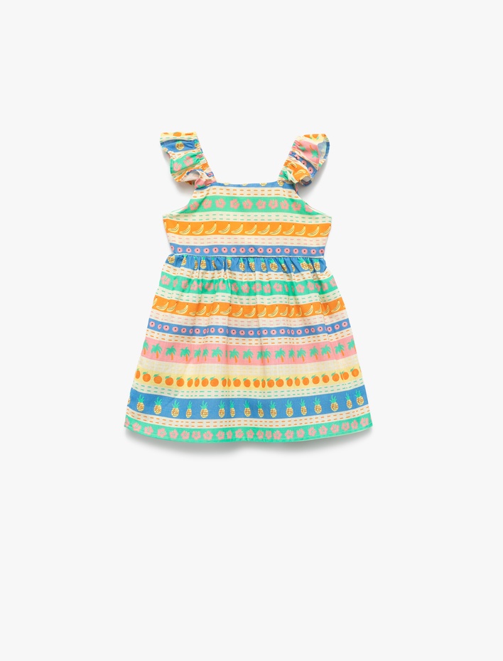 Kız Bebek Pamuklu Kare Yaka Fırfırlı Çizgili Askılı Elbise