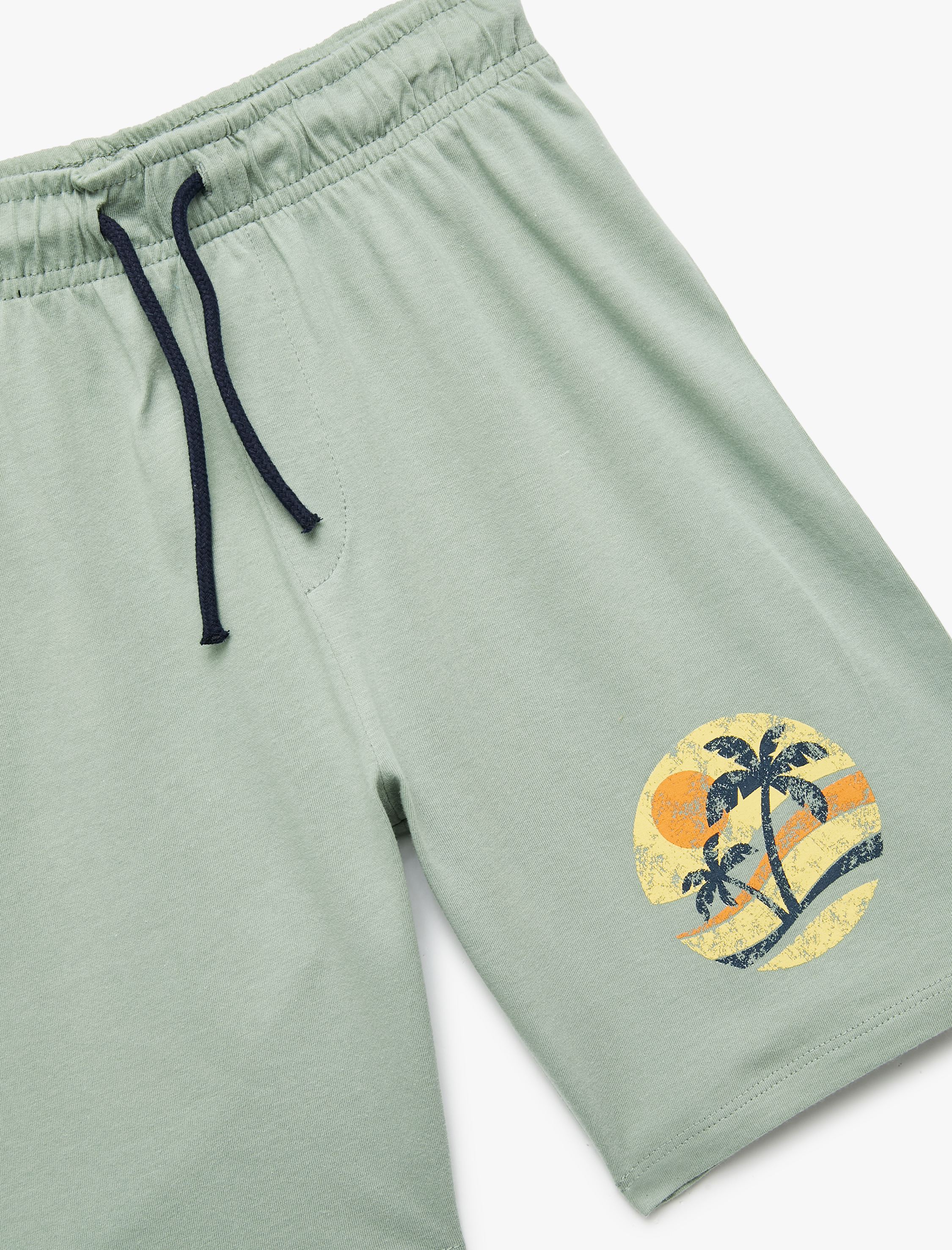  Erkek Çocuk Palmiye Baskılı Beli Bağlamalı Pamuklu Bermuda Şort