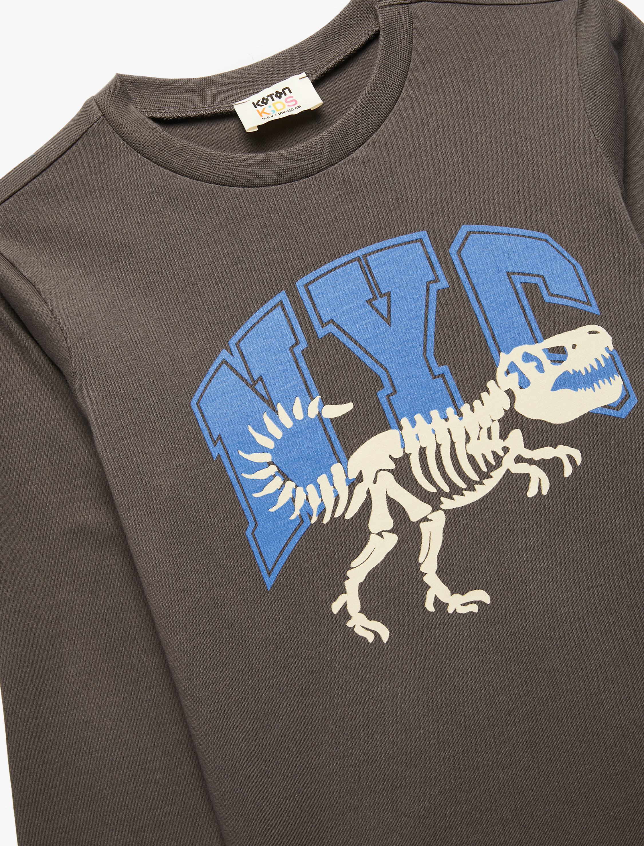  Erkek Çocuk Dinozor Baskılı Uzun Kollu Bisiklet Yaka Pamuklu Tişört