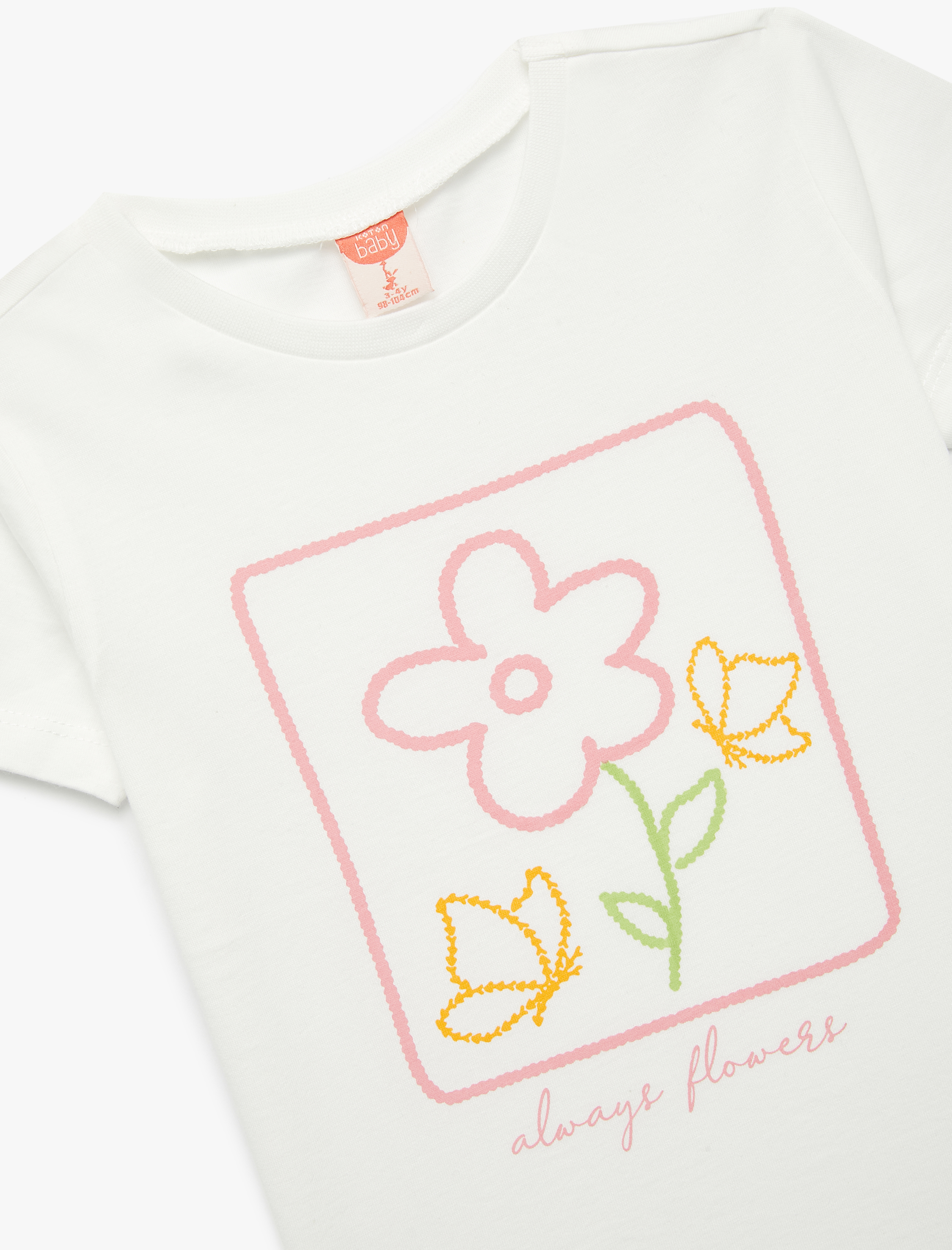  Kız Bebek Çiçek Baskılı Kısa Kollu Bisiklet Yaka Pamuklu Tişört