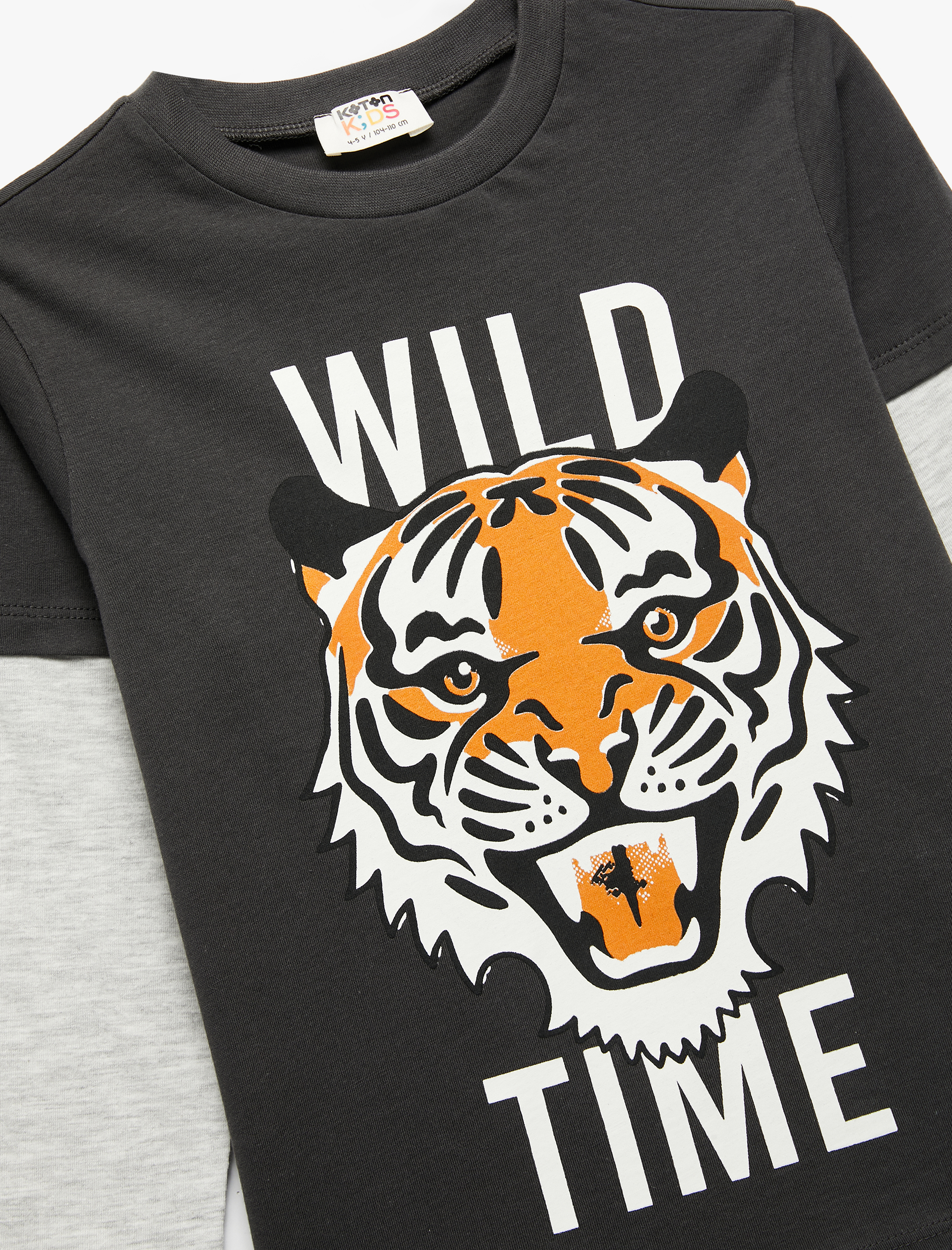  Erkek Çocuk Uzun Kollu Bisiklet Yaka Kaplan Baskılı Pamuklu Tişört