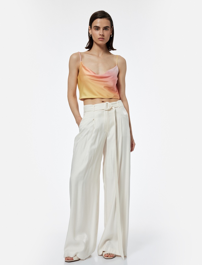  Saten Crop Abiye Bluz Askılı Degaje Yaka Renk Geçişli