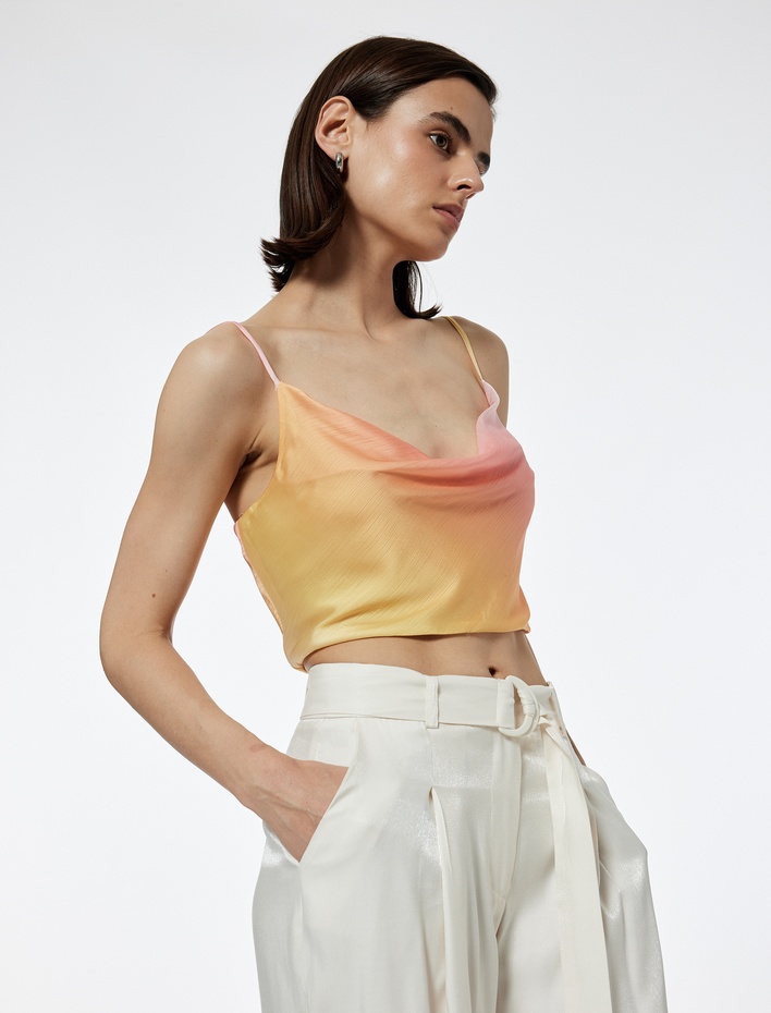  Saten Crop Abiye Bluz Askılı Degaje Yaka Renk Geçişli