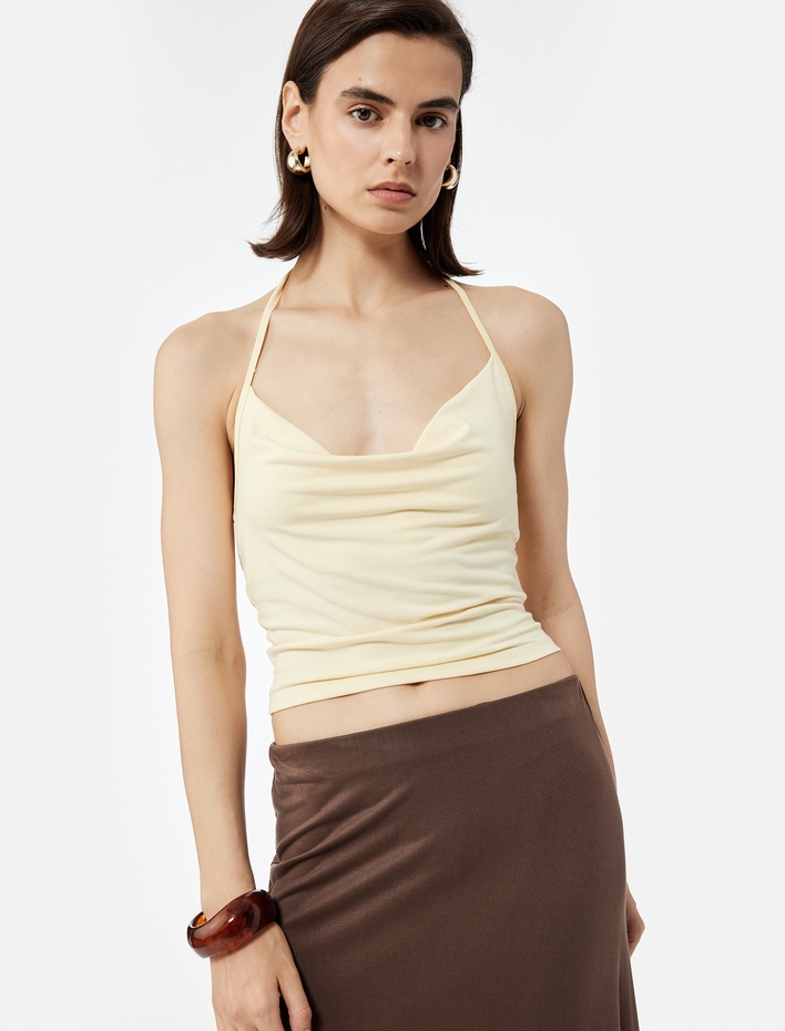  Slim Fit Boyundan Bağlamalı Crop Degaje Yaka Bluz