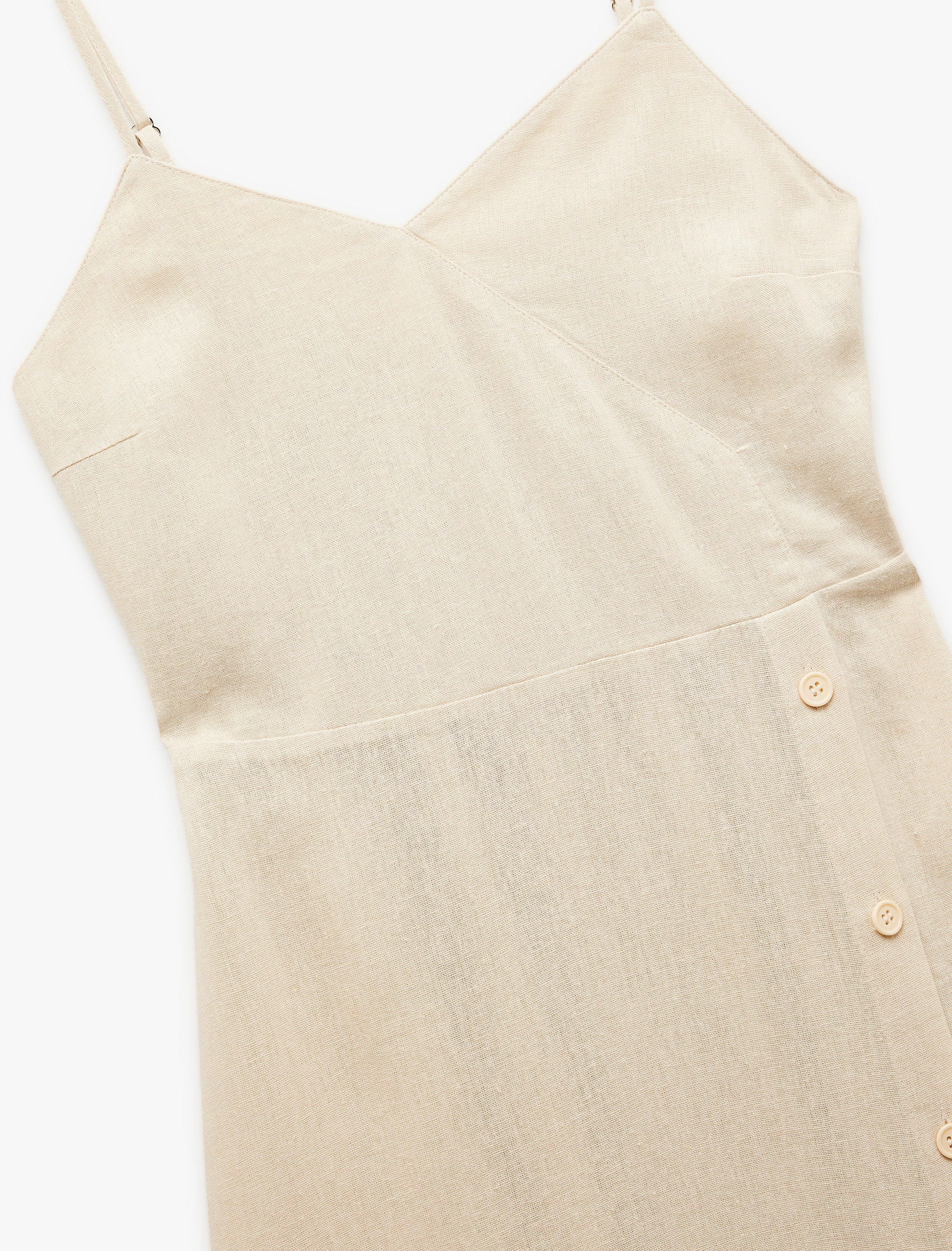   İnce Askılı Düğmeli Keten ve Viskon Karışımlı Midi Elbise