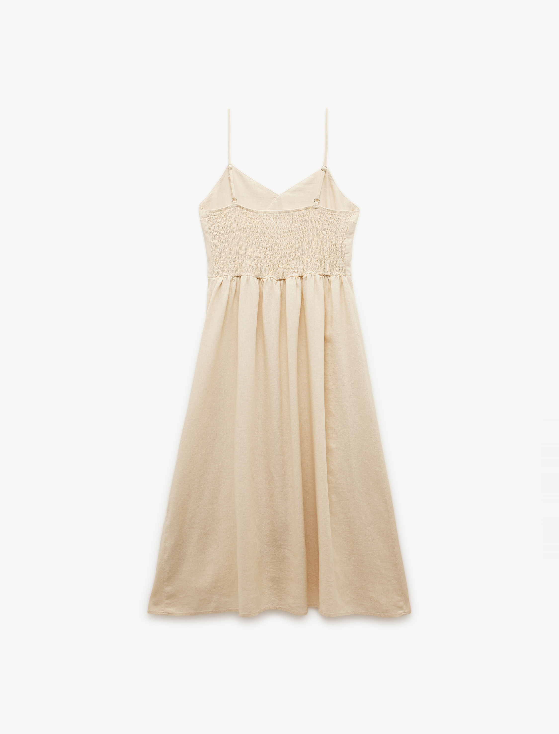   İnce Askılı Düğmeli Keten ve Viskon Karışımlı Midi Elbise
