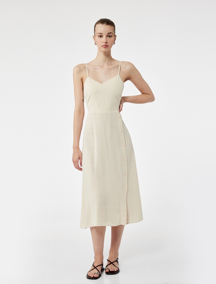  İnce Askılı Düğmeli Keten ve Viskon Karışımlı Midi Elbise