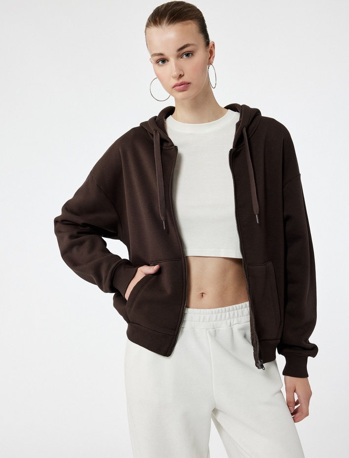  Şardonlu Uzun Kollu Kapüşonlu Kanguru Cepli Oversize Fermuarlı Sweatshirt