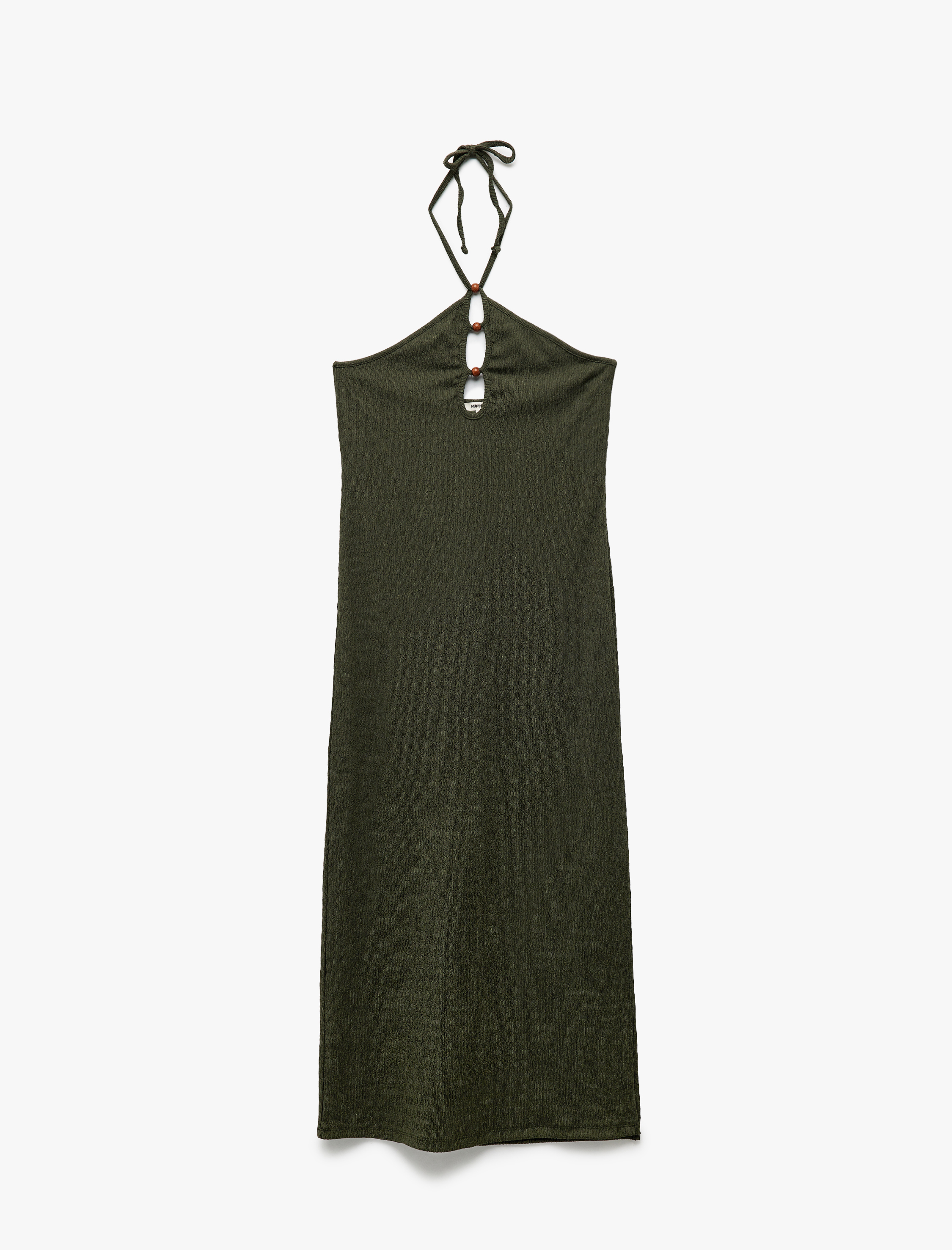   Bürümcük Kumaş Slim Fit Boncuk Detaylı Halter Yaka Maxi Elbise