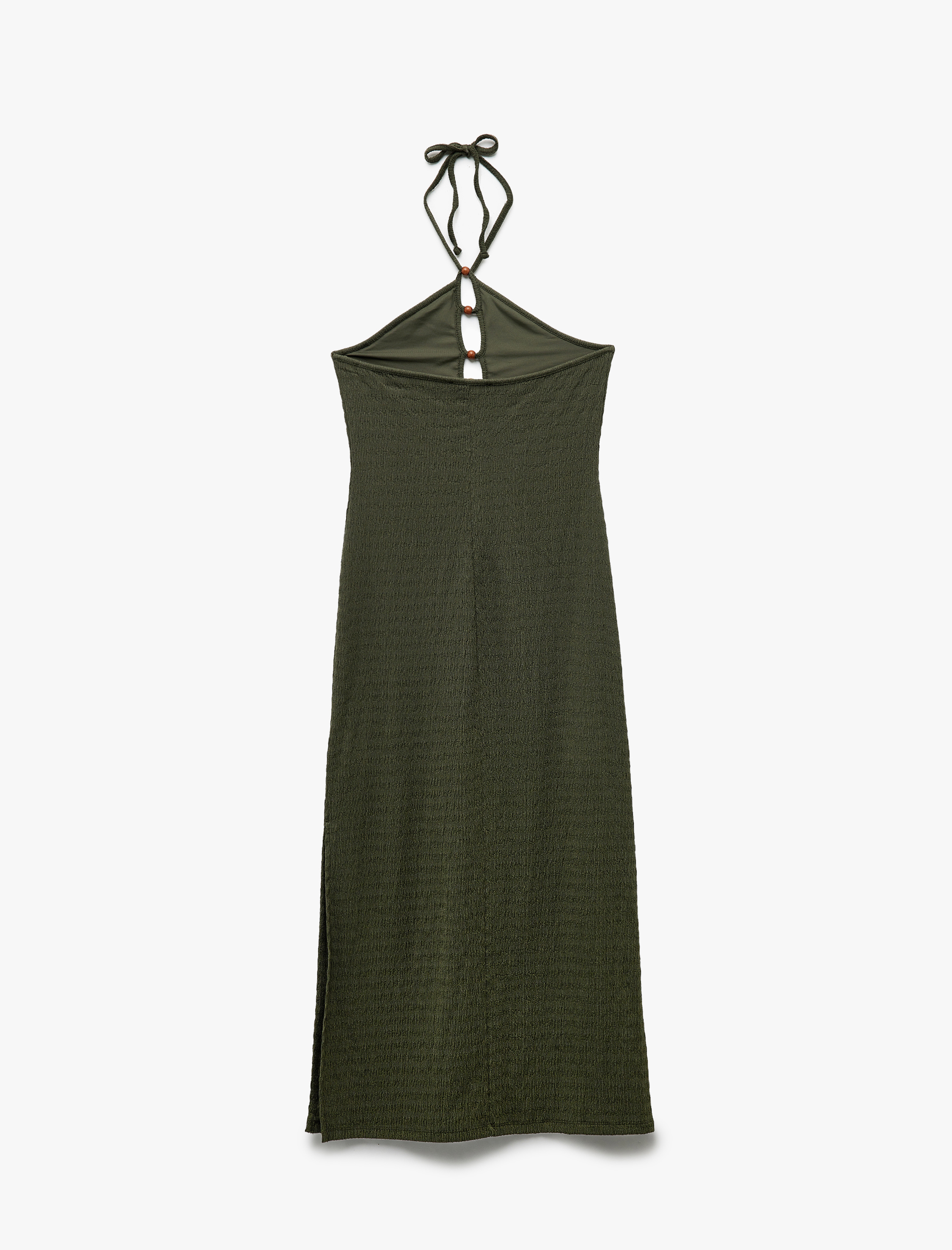   Bürümcük Kumaş Slim Fit Boncuk Detaylı Halter Yaka Maxi Elbise