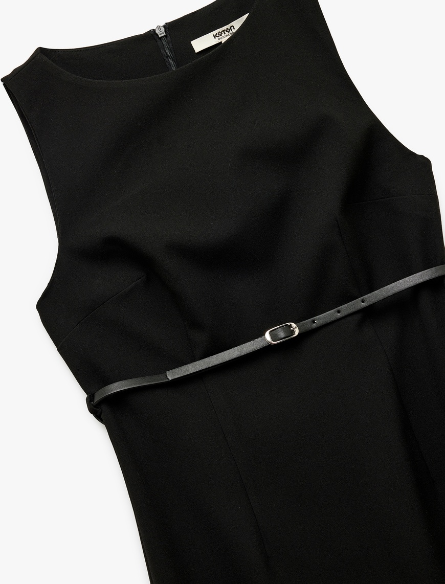   Slim Fit Kolsuz Bisiklet Yaka Kemerli Midi Boy Kalem Elbise