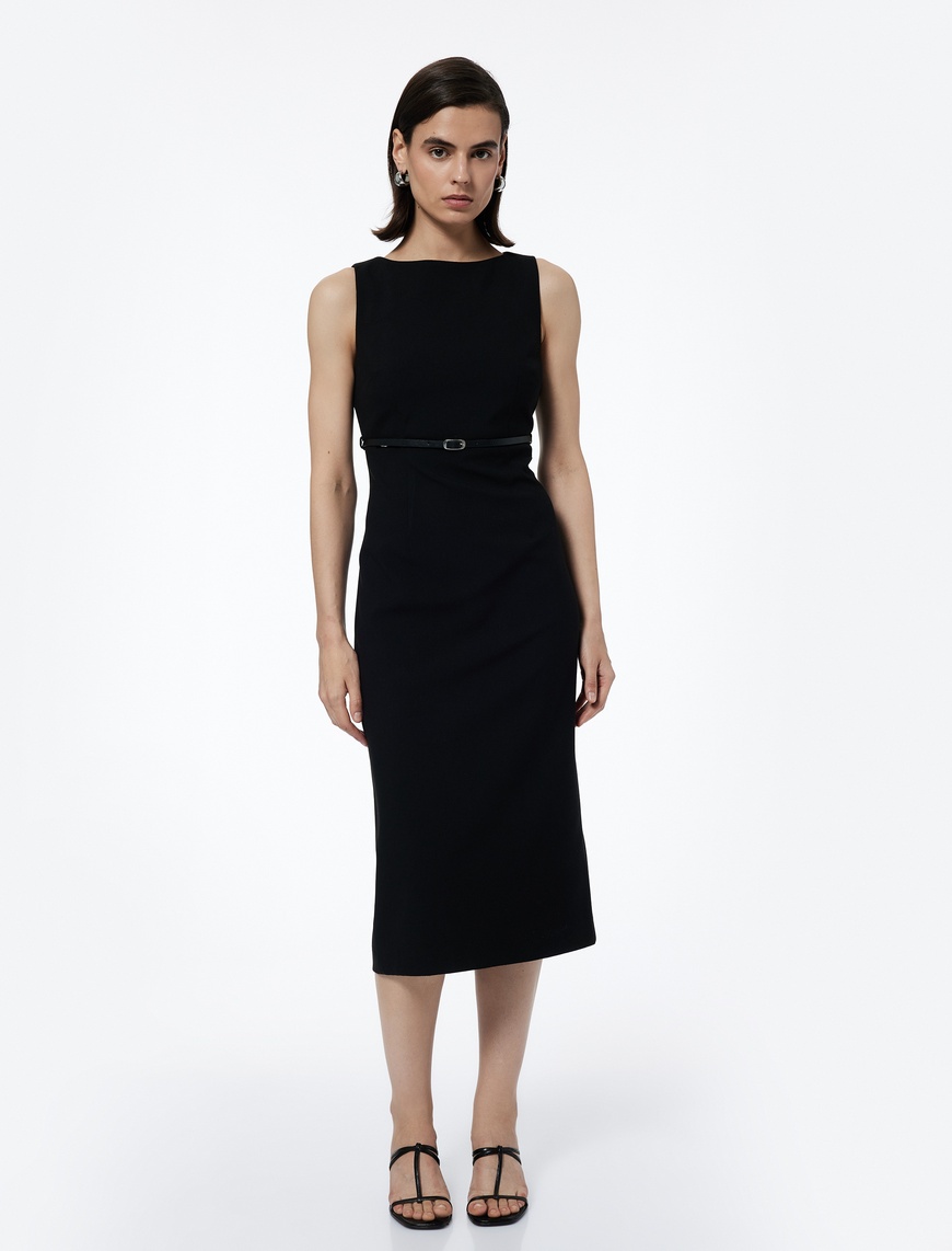   Slim Fit Kolsuz Bisiklet Yaka Kemerli Midi Boy Kalem Elbise