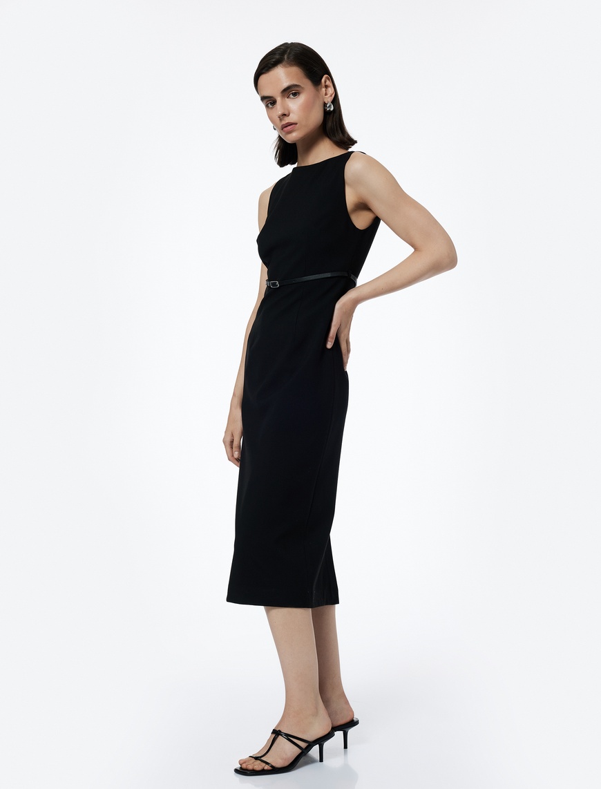   Slim Fit Kolsuz Bisiklet Yaka Kemerli Midi Boy Kalem Elbise