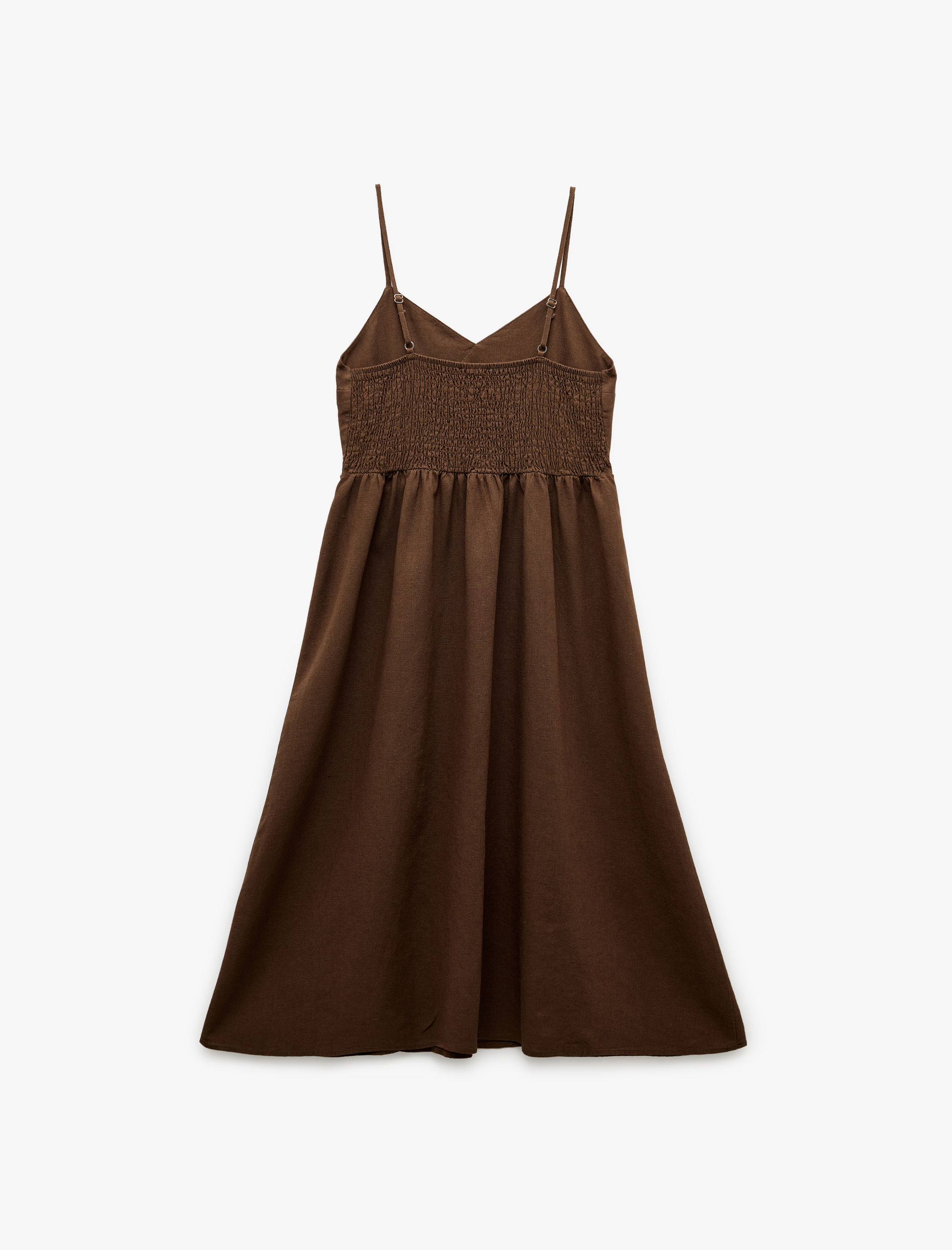   İnce Askılı Düğmeli Keten ve Viskon Karışımlı Midi Elbise