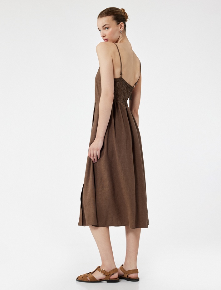  İnce Askılı Düğmeli Keten ve Viskon Karışımlı Midi Elbise