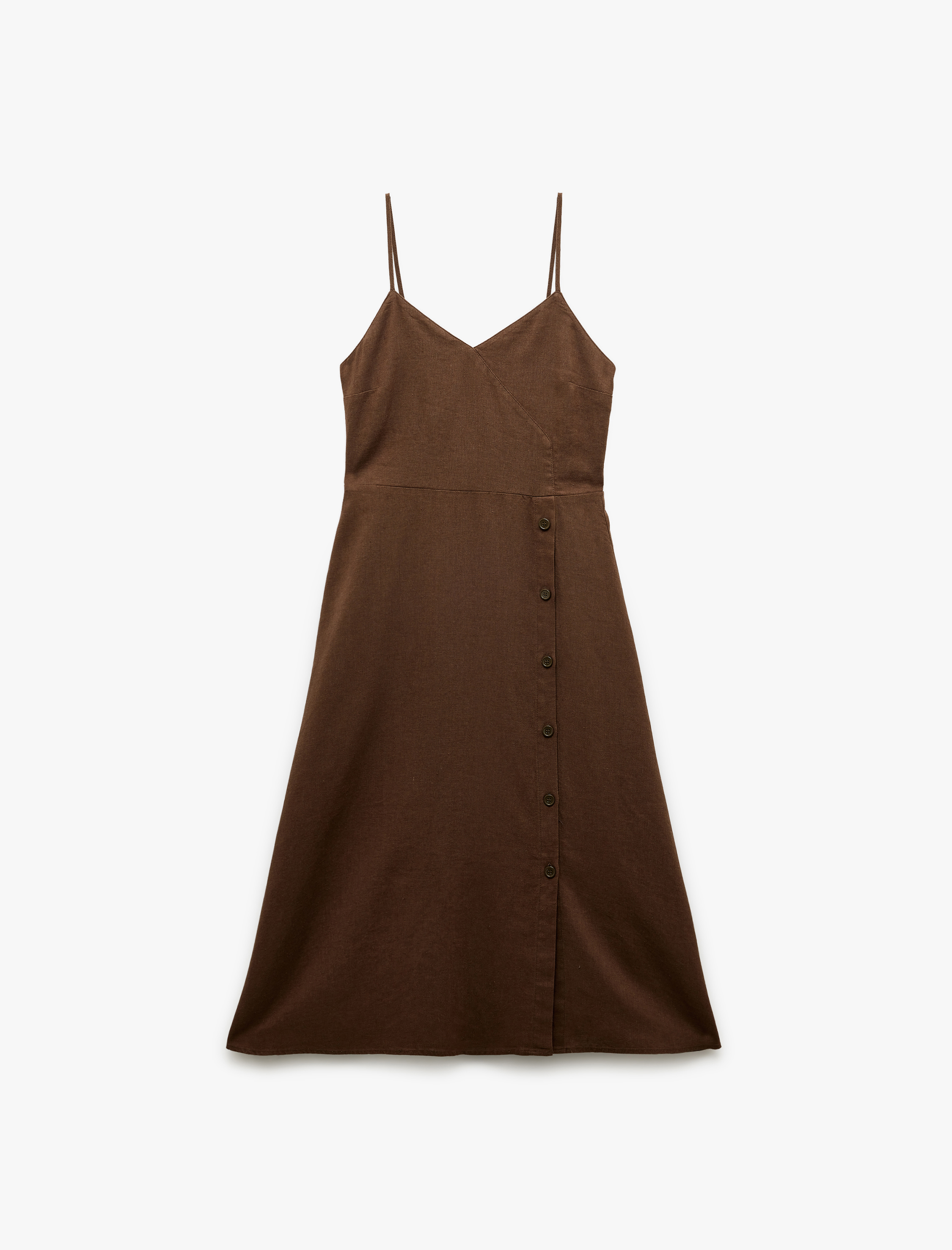   İnce Askılı Düğmeli Keten ve Viskon Karışımlı Midi Elbise