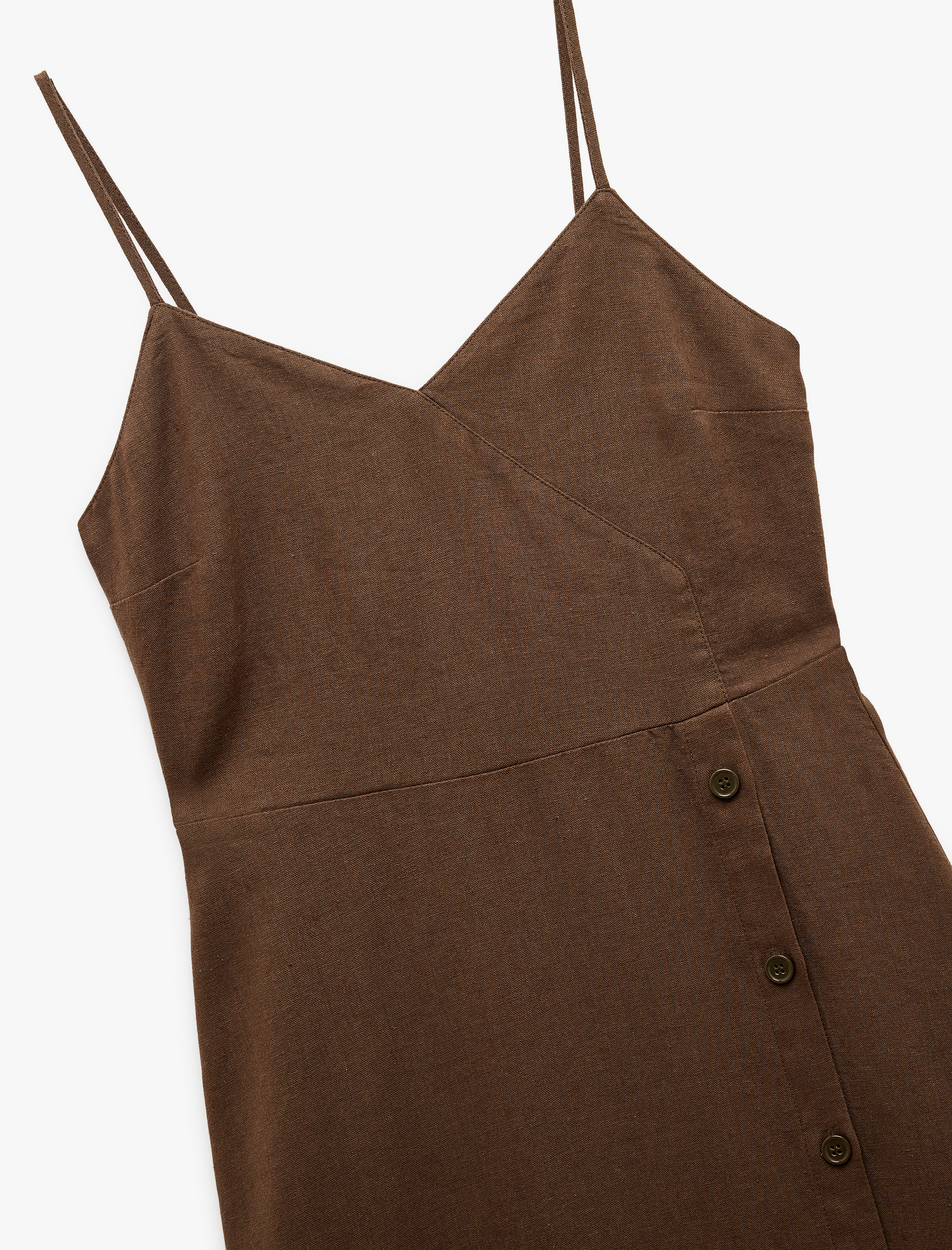   İnce Askılı Düğmeli Keten ve Viskon Karışımlı Midi Elbise