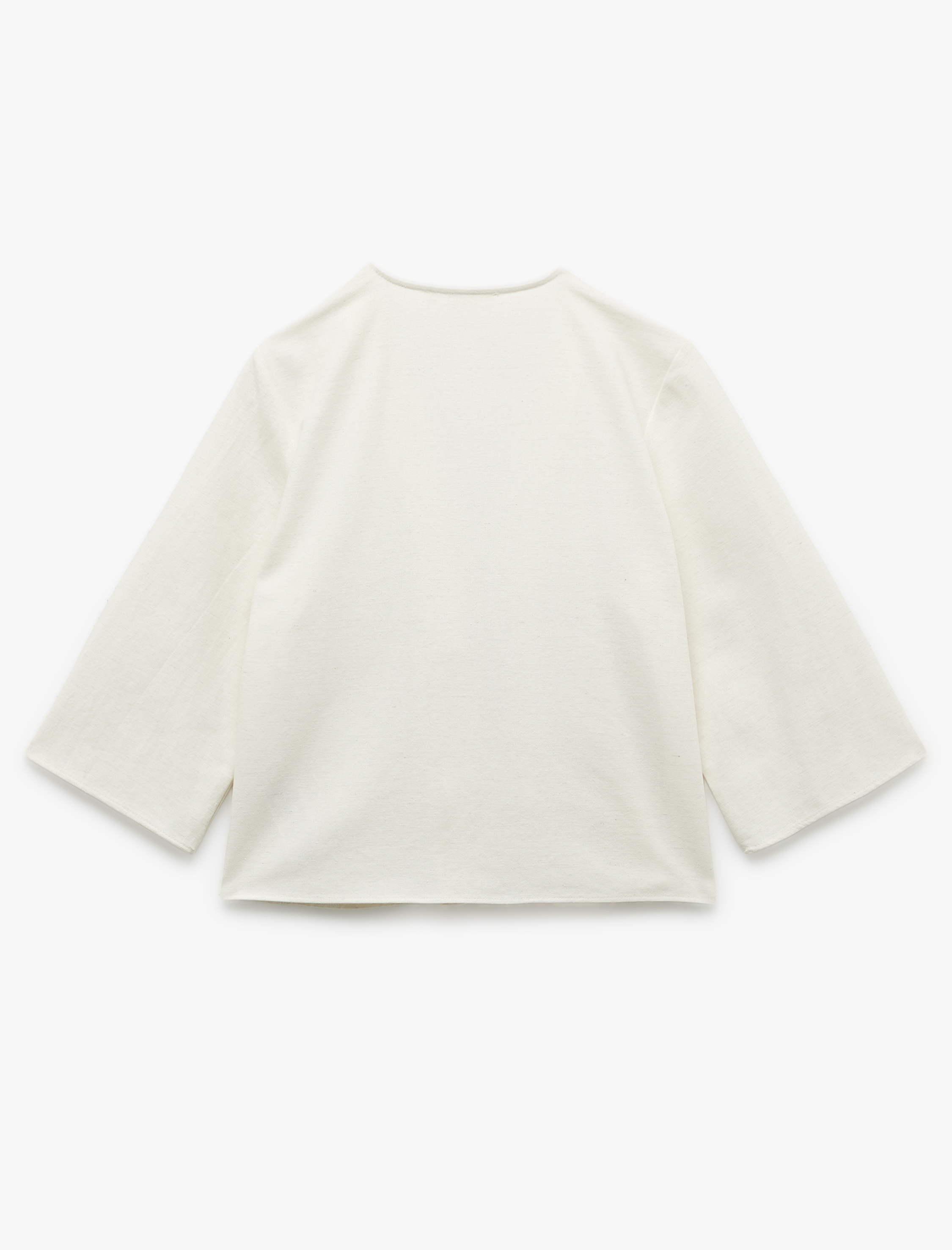   Keten Karışımlı Bol Kalıp Önden Bağlama Detaylı Fiyonklu 3/4 Kollu Bluz