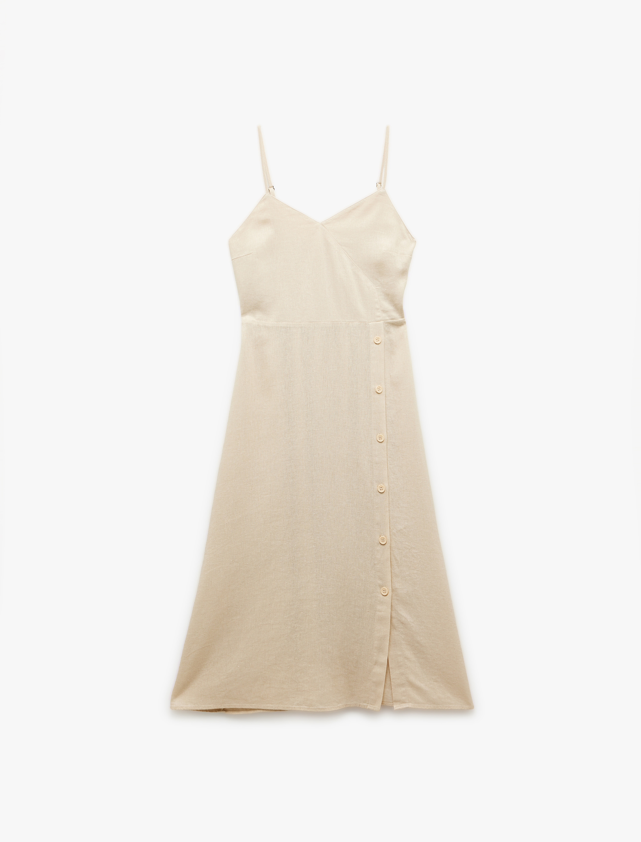   İnce Askılı Düğmeli Keten ve Viskon Karışımlı Midi Elbise