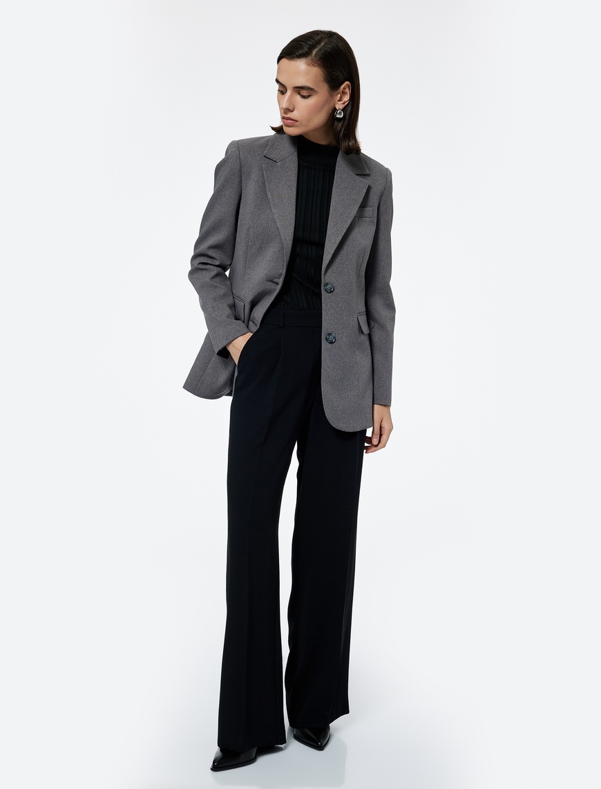   Kruvaze Yaka Düğmeli Cepli Uzun Kollu Blazer Ceket