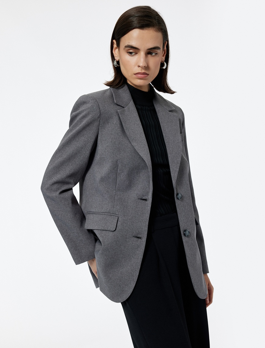   Kruvaze Yaka Düğmeli Cepli Uzun Kollu Blazer Ceket