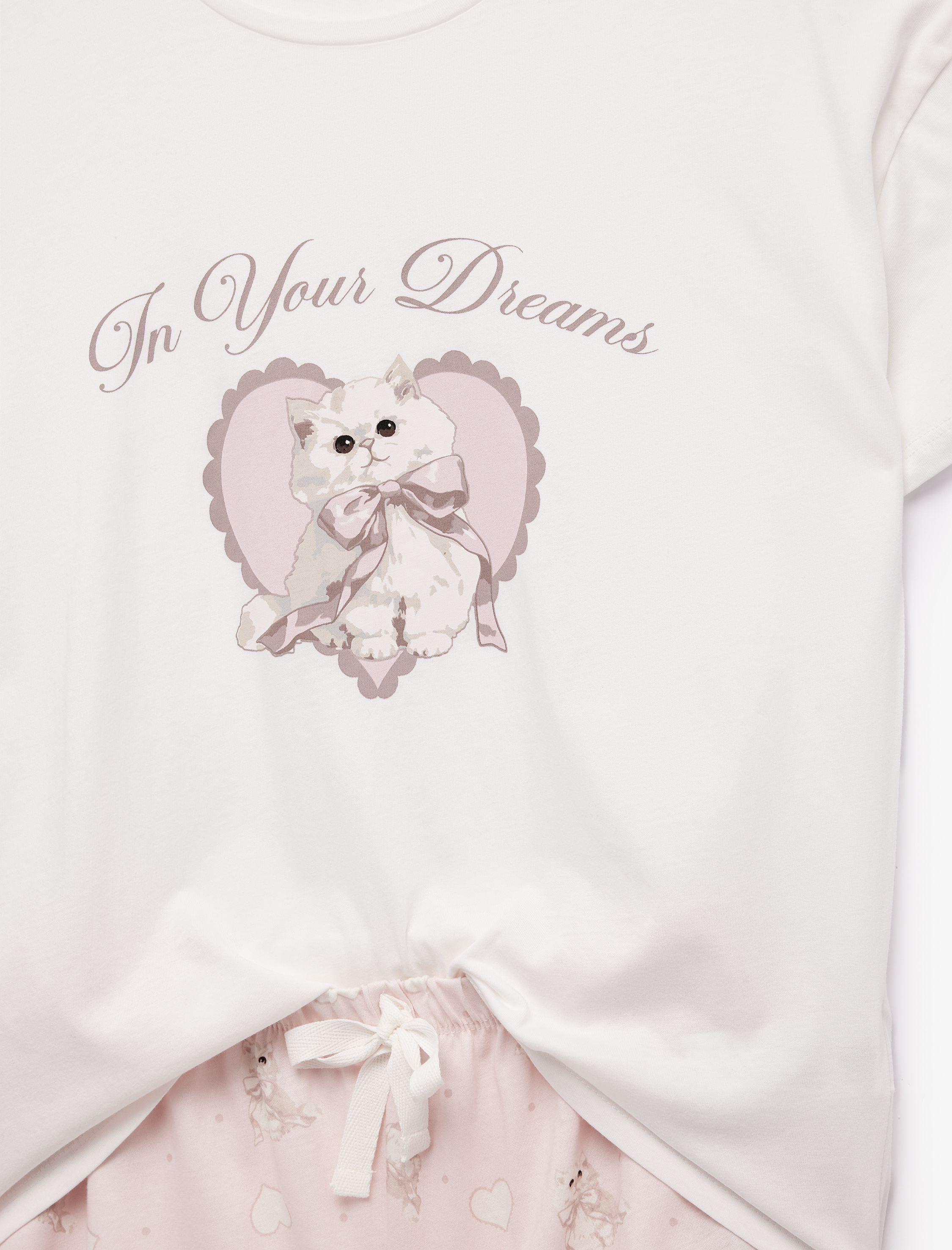   Pamuklu Kısa Kollu Bisiklet Yaka Şortlu Kedi Baskılı Pijama Seti