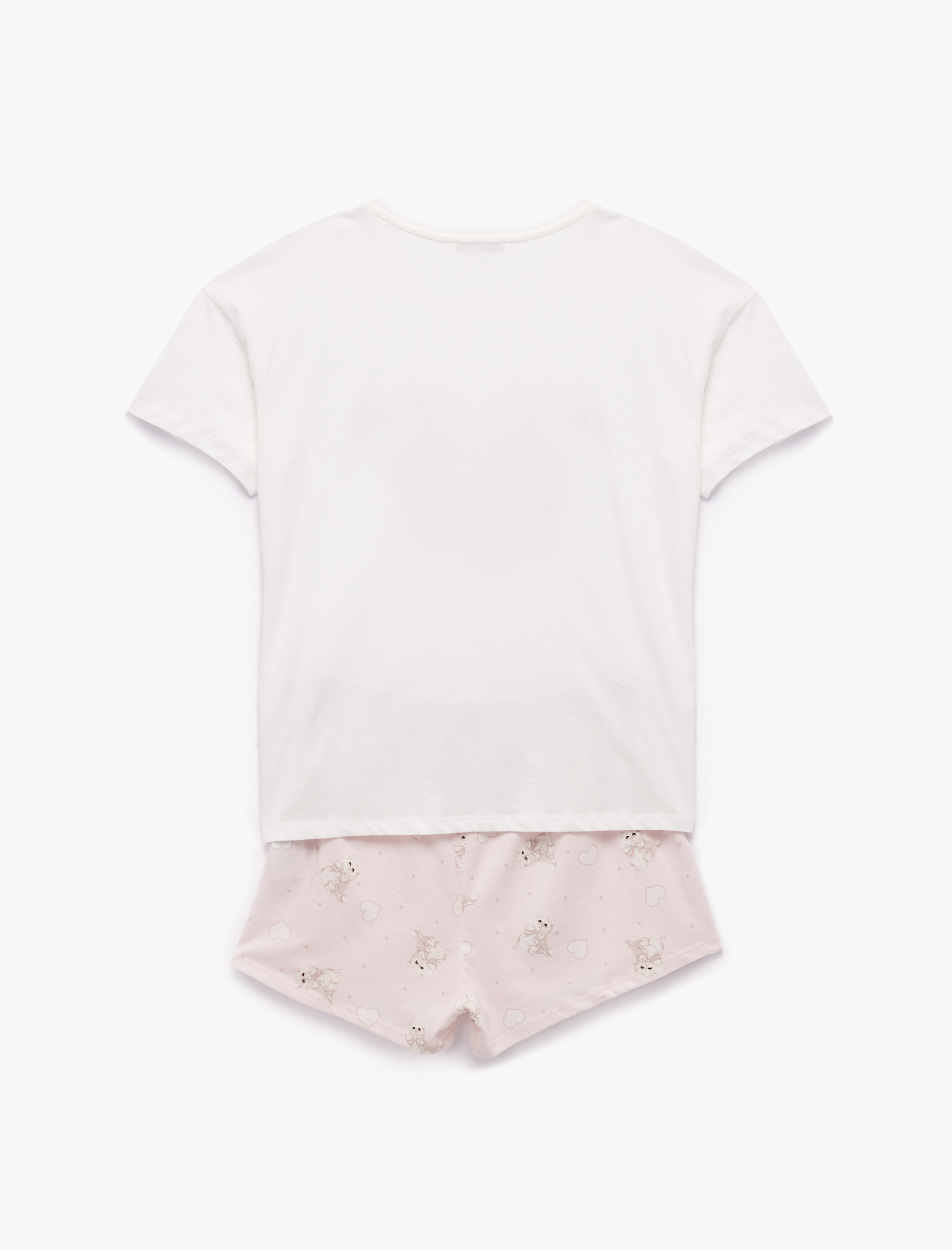   Pamuklu Kısa Kollu Bisiklet Yaka Şortlu Kedi Baskılı Pijama Seti