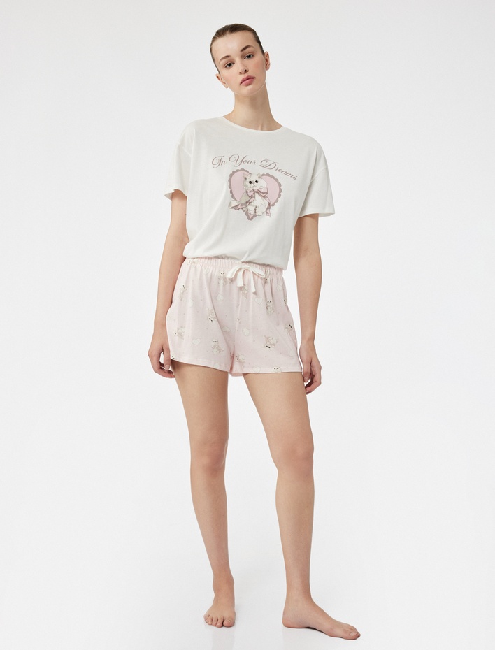  Pamuklu Kısa Kollu Bisiklet Yaka Şortlu Kedi Baskılı Pijama Seti