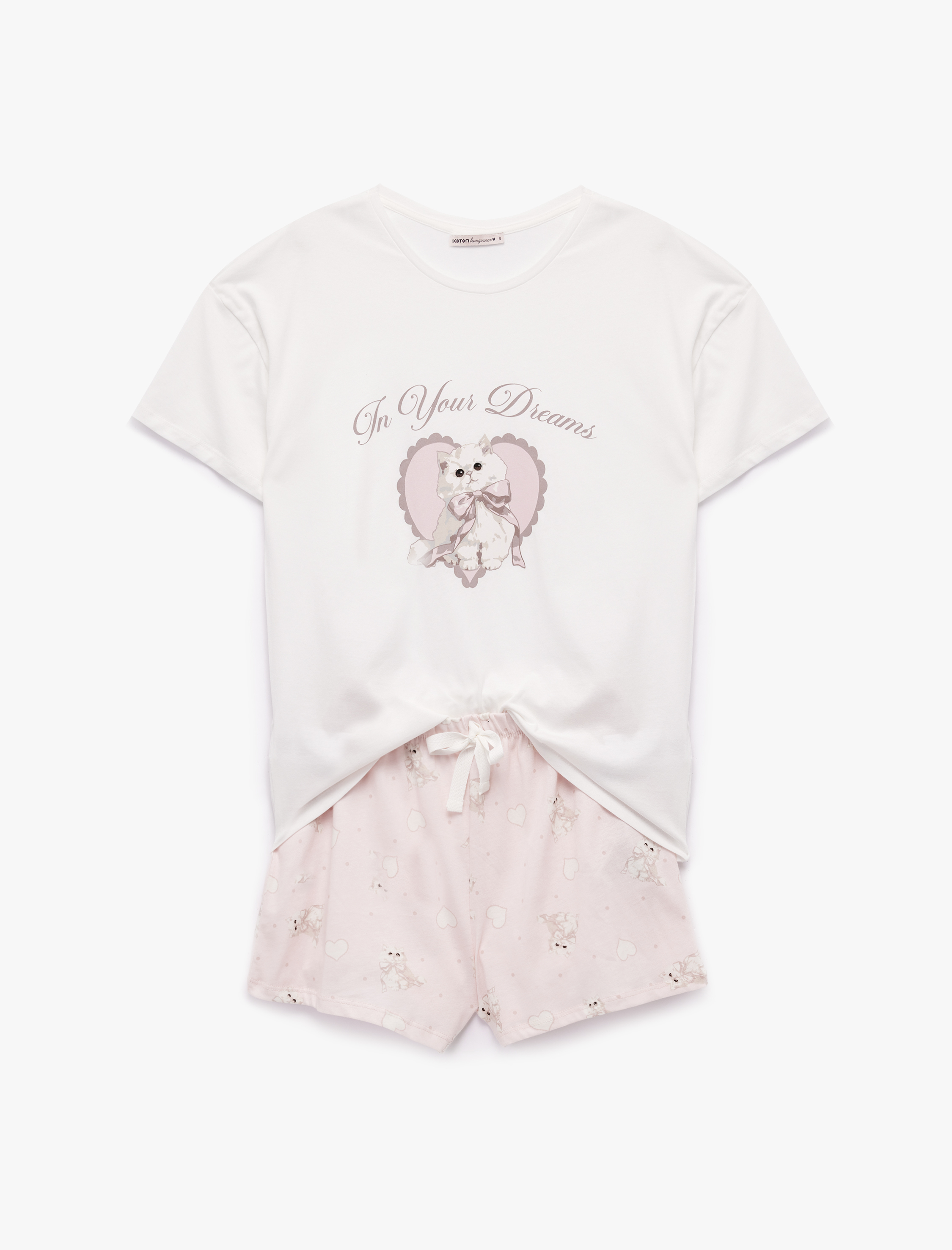   Pamuklu Kısa Kollu Bisiklet Yaka Şortlu Kedi Baskılı Pijama Seti