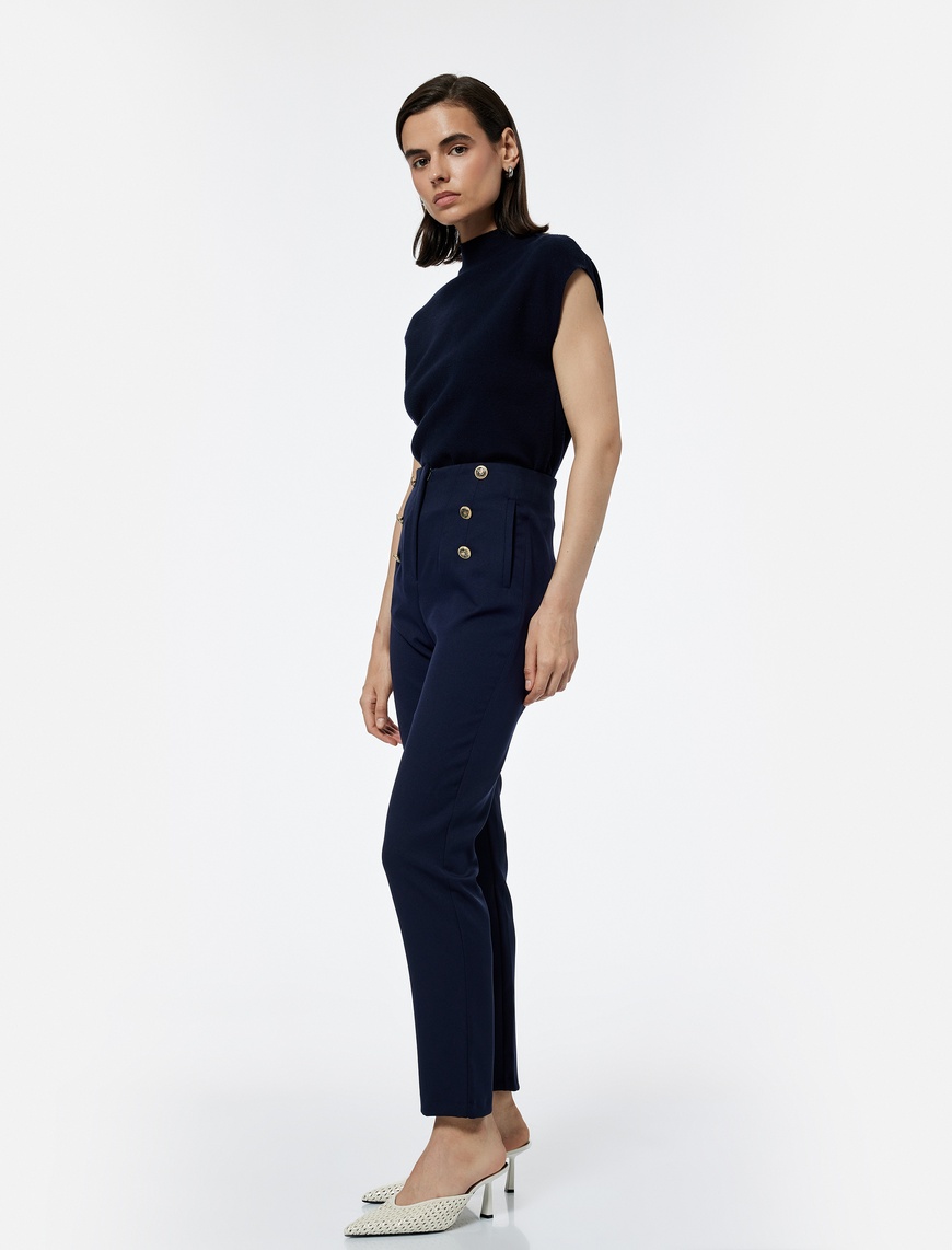   Slim Fit Düğmeli Yüksek Bel Cigarette Kumaş Pantolon