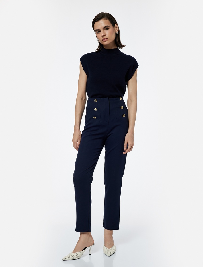  Slim Fit Düğmeli Yüksek Bel Cigarette Kumaş Pantolon