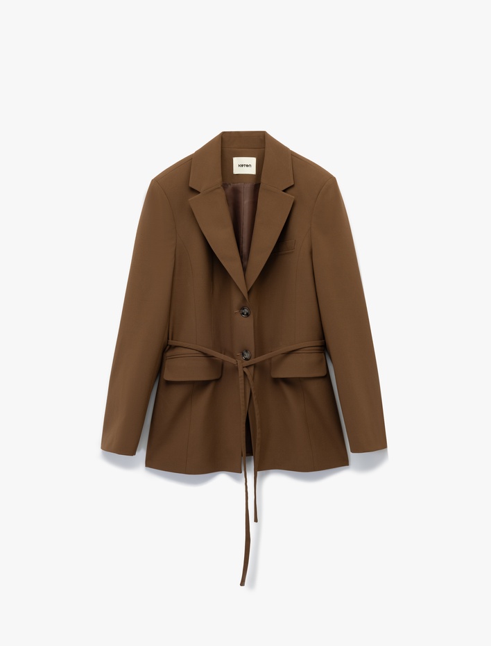  Uzun Kollu Kruvaze Kemer Bağlama Detaylı Oversize Blazer Ceket