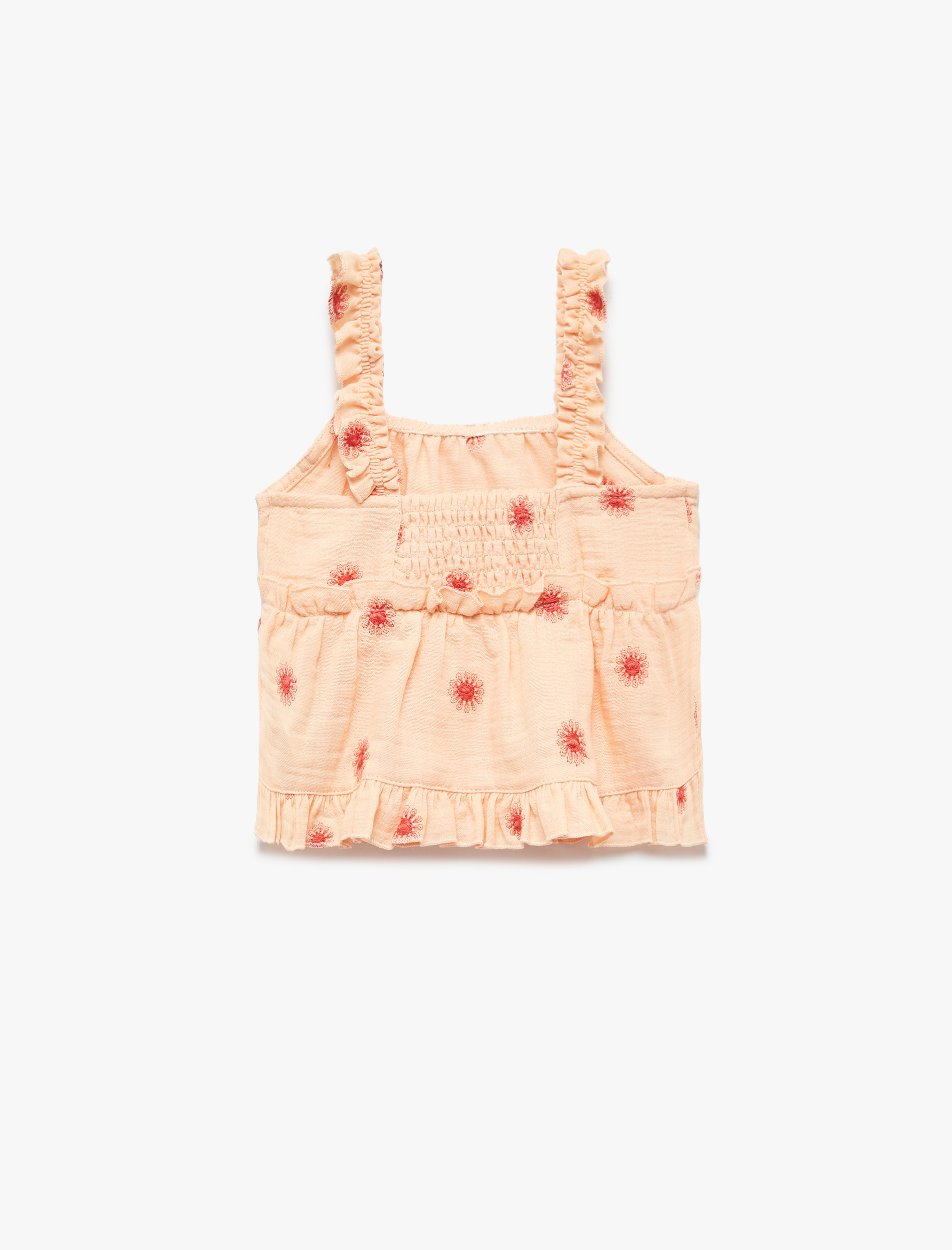  Kız Bebek Fırfır Detaylı Çiçek İşlemeli Kare Yaka Pamuklu Askılı Bluz