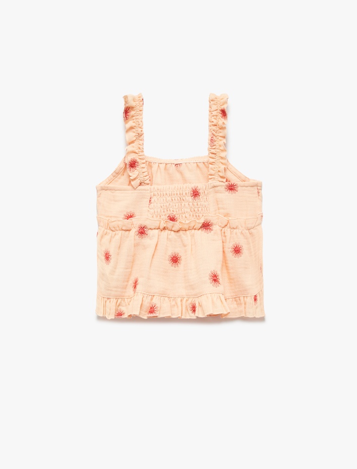 Kız Bebek Fırfır Detaylı Çiçek İşlemeli Kare Yaka Pamuklu Askılı Bluz