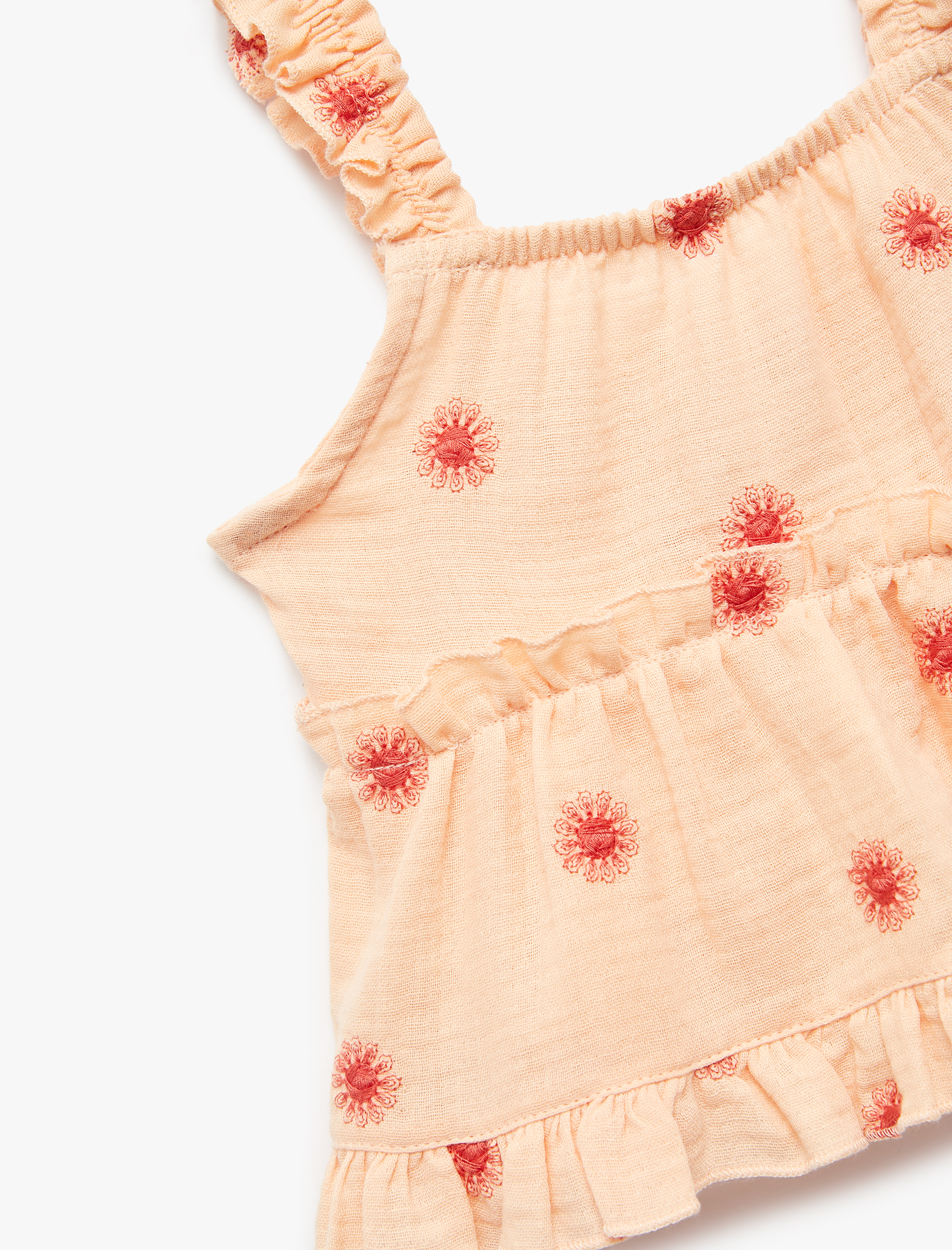  Kız Bebek Fırfır Detaylı Çiçek İşlemeli Kare Yaka Pamuklu Askılı Bluz