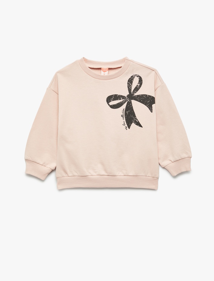 Kız Bebek Uzun Kollu Bisiklet Yaka Kurdele Baskılı Şardonlu Pamuklu Sweatshirt